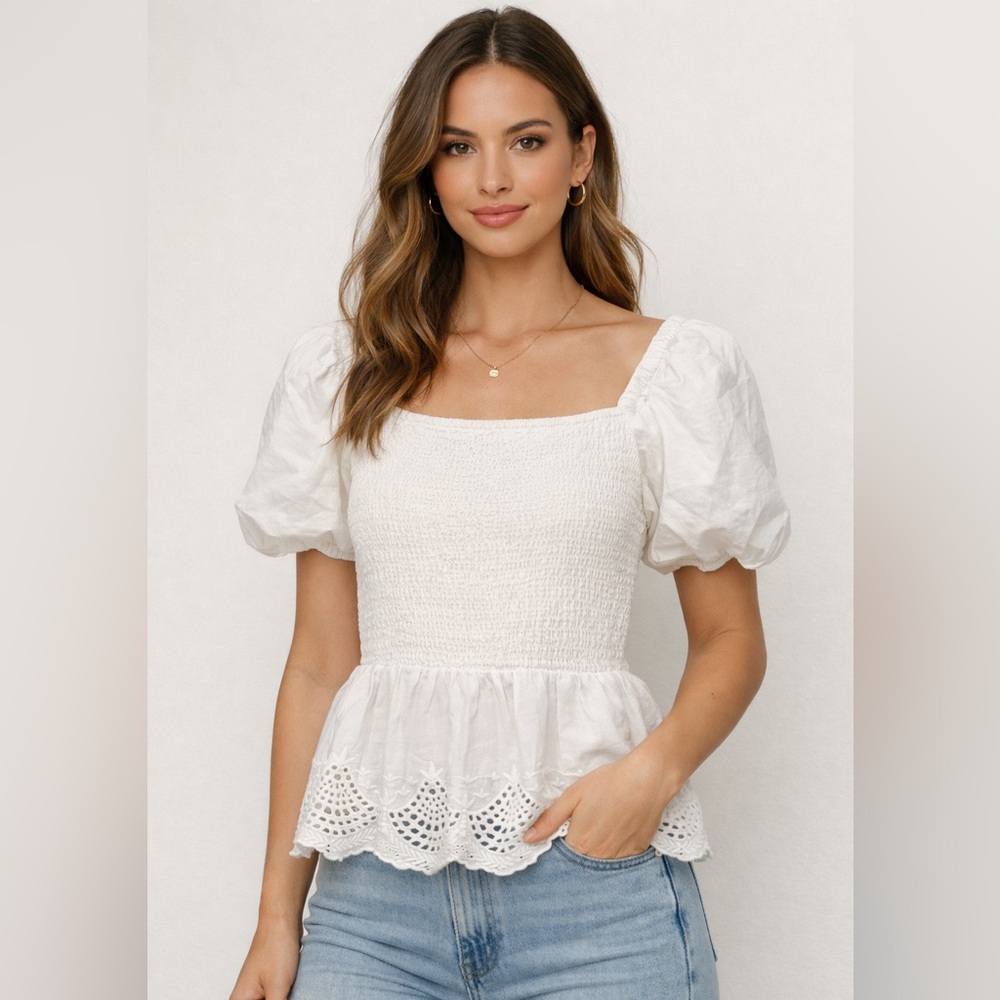 And Now This White Smocked Puff Sleeve Peplum Top Size S Cottagecore Boho